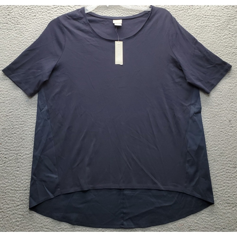 Chico's Blouse Top Womens L Navy Short Sleeve High-Low Hem Casual Pullover Tee